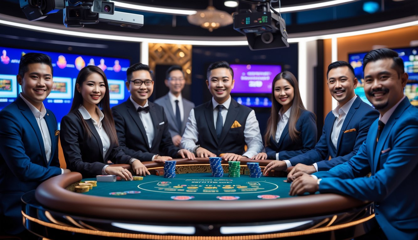 Suasana kasino langsung online dengan dealer profesional yang ramah di meja permainan, menampilkan interaksi dan peralatan kasino di studio modern.