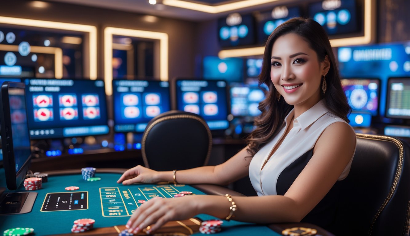 Seorang dealer kasino profesional sedang berinteraksi dengan pemain secara online di meja kasino dengan layar komputer yang menampilkan permainan kasino langsung.