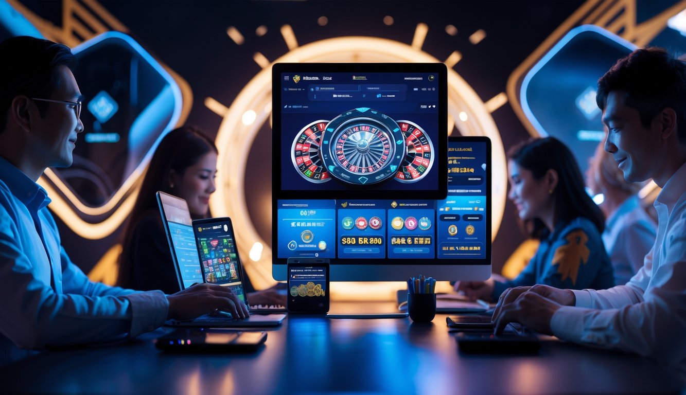 Beberapa orang menggunakan perangkat digital untuk bermain permainan kasino online di lingkungan yang modern dan cerah.