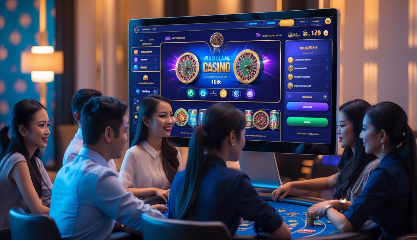 Sejumlah pemain fokus menggunakan komputer dengan tampilan permainan kasino langsung online di latar belakang yang modern dan cerah.