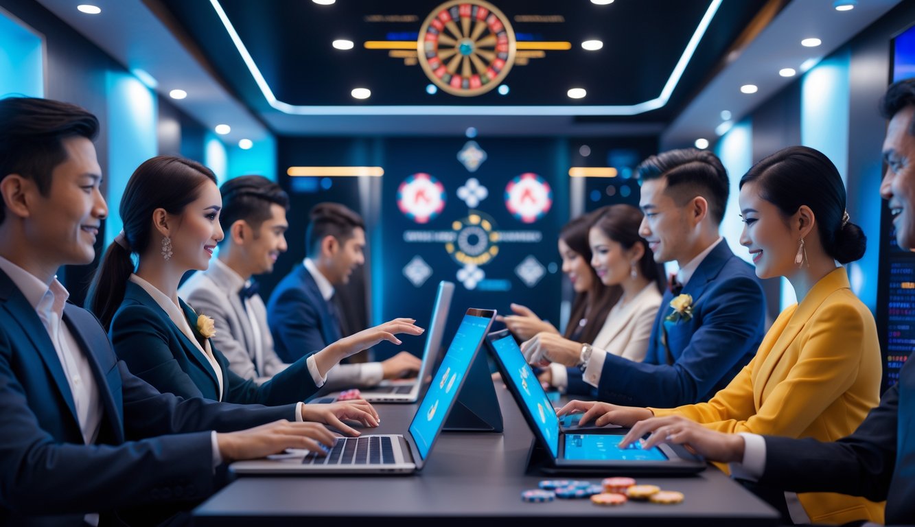 Orang-orang sedang menggunakan perangkat digital untuk bermain permainan kasino langsung dalam suasana kasino modern.