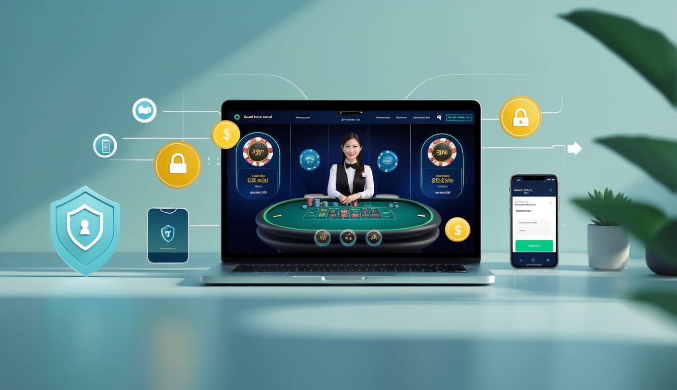 Seorang dealer kasino langsung di layar komputer dengan simbol pembayaran digital dan ikon keamanan di sekitarnya.