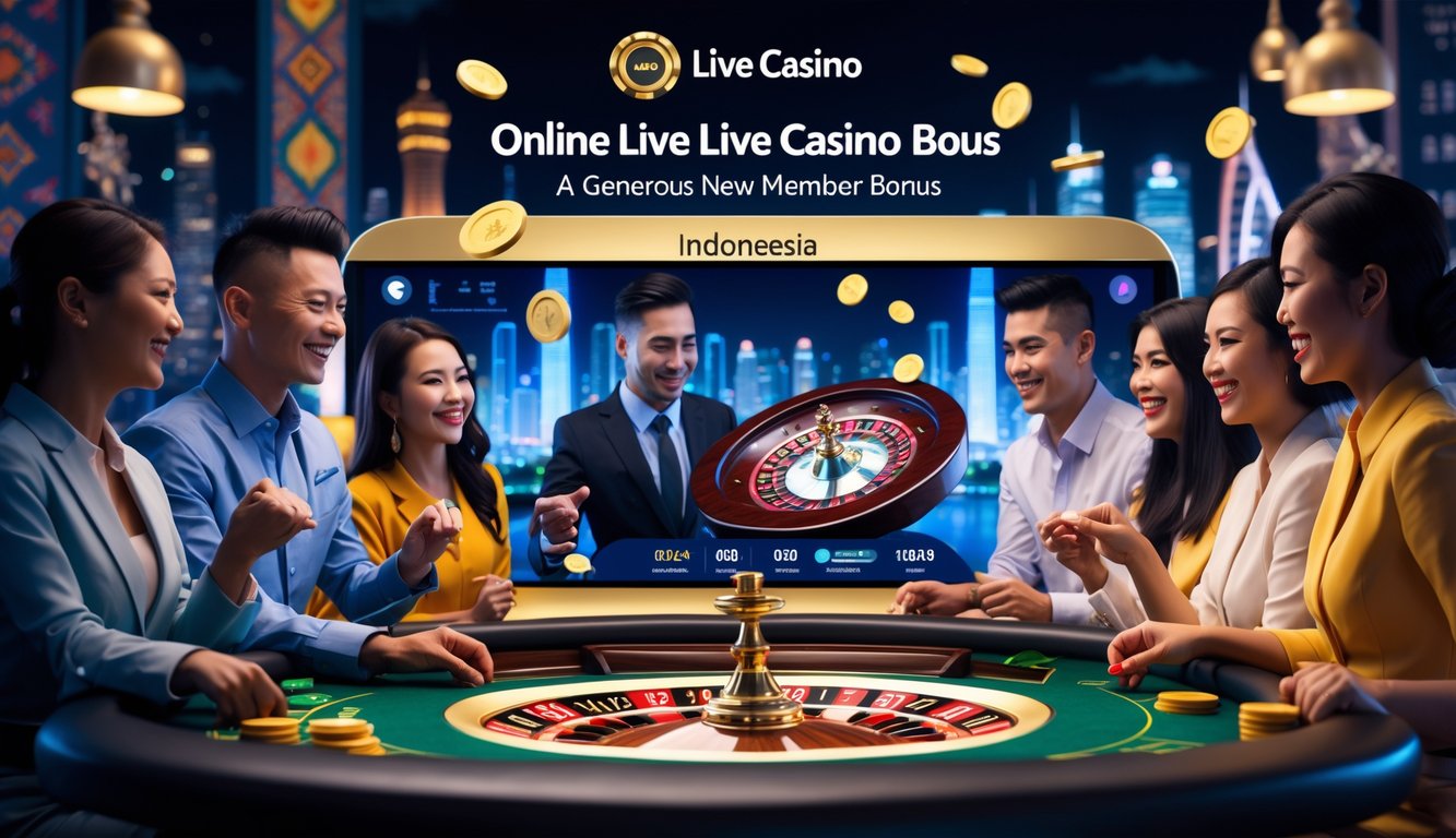Orang-orang menikmati permainan kasino langsung online dengan dealer di layar komputer, latar belakang menampilkan elemen budaya Indonesia.