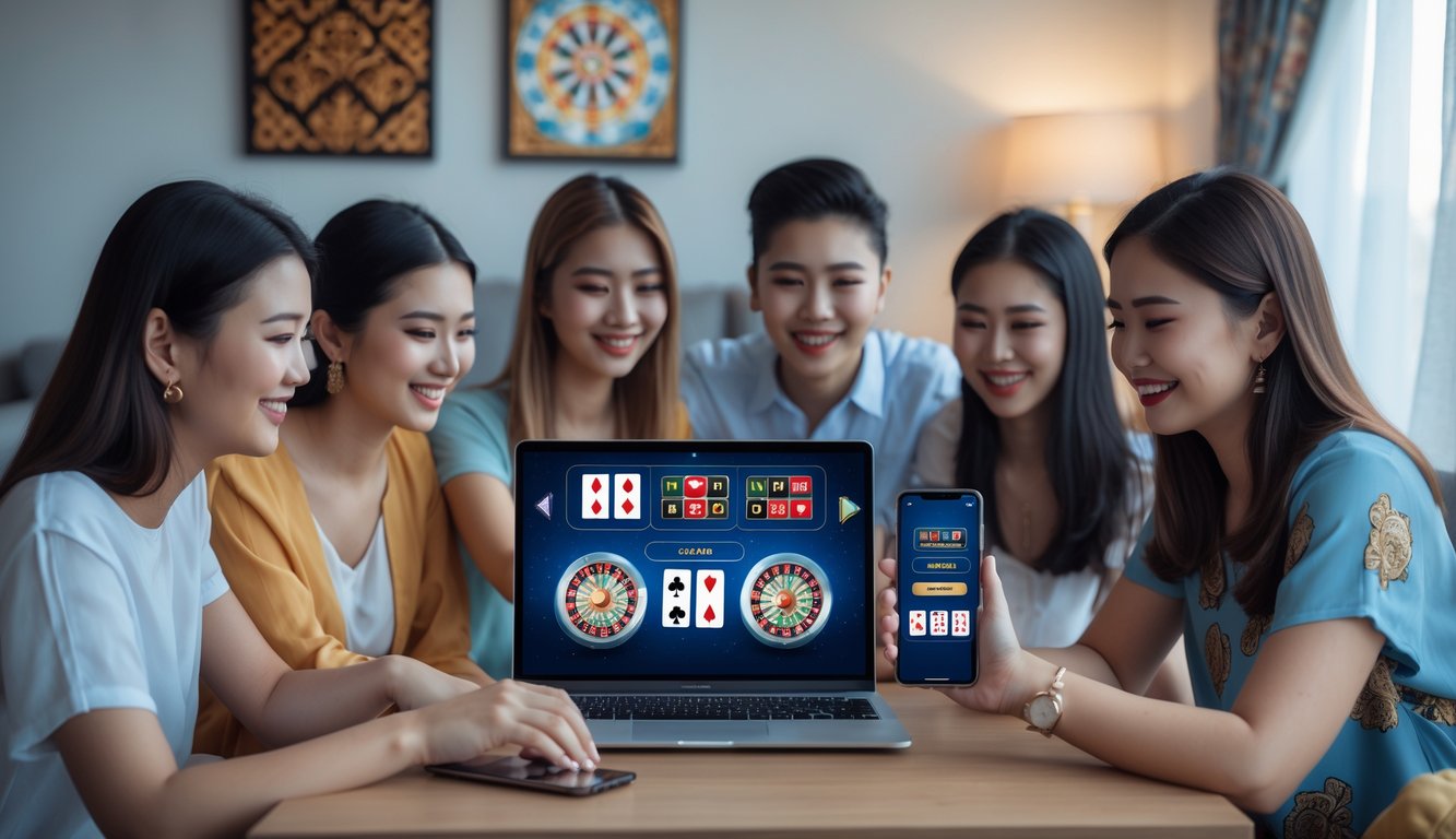 Sekelompok orang muda sedang menggunakan laptop dan ponsel untuk bermain kasino online di rumah dengan suasana nyaman dan aman.