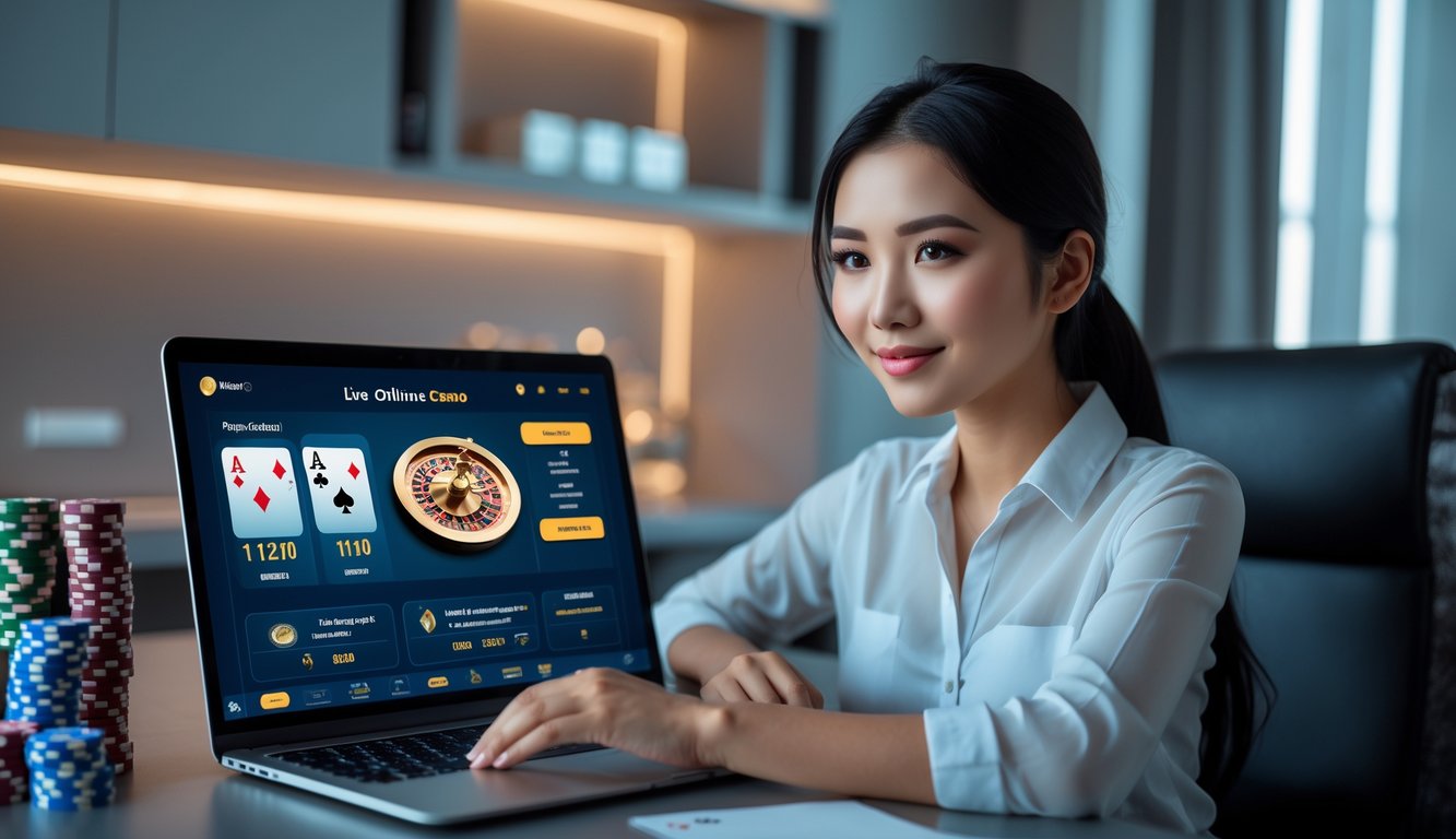 Seorang wanita muda Indonesia duduk di depan laptop dengan tampilan permainan kasino langsung, di ruangan modern dengan elemen permainan seperti kartu dan chip di sekitar.
