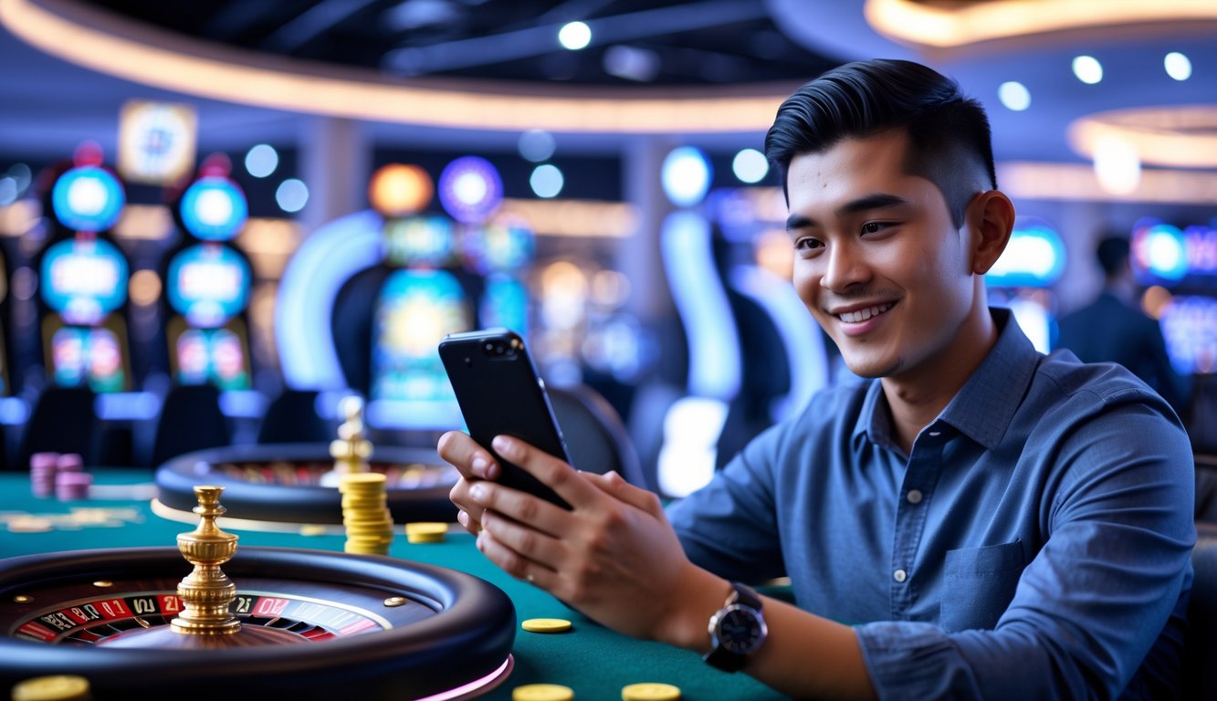 Seorang pria muda Indonesia sedang bermain kasino online menggunakan ponsel dengan latar belakang elemen kasino digital dan simbol transaksi e-wallet.