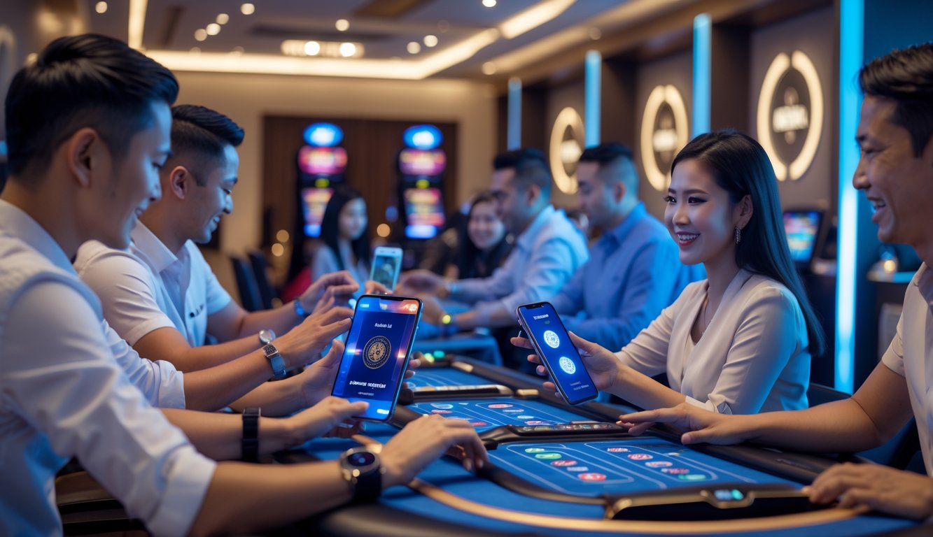 Orang-orang menggunakan perangkat digital untuk bermain permainan kasino langsung online dengan suasana modern dan elemen budaya Indonesia di latar belakang.