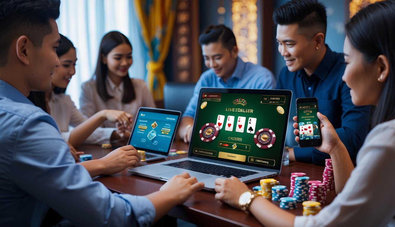 Orang-orang bermain kasino online langsung dengan dealer nyata di perangkat digital dalam ruangan yang nyaman dengan elemen budaya Indonesia.