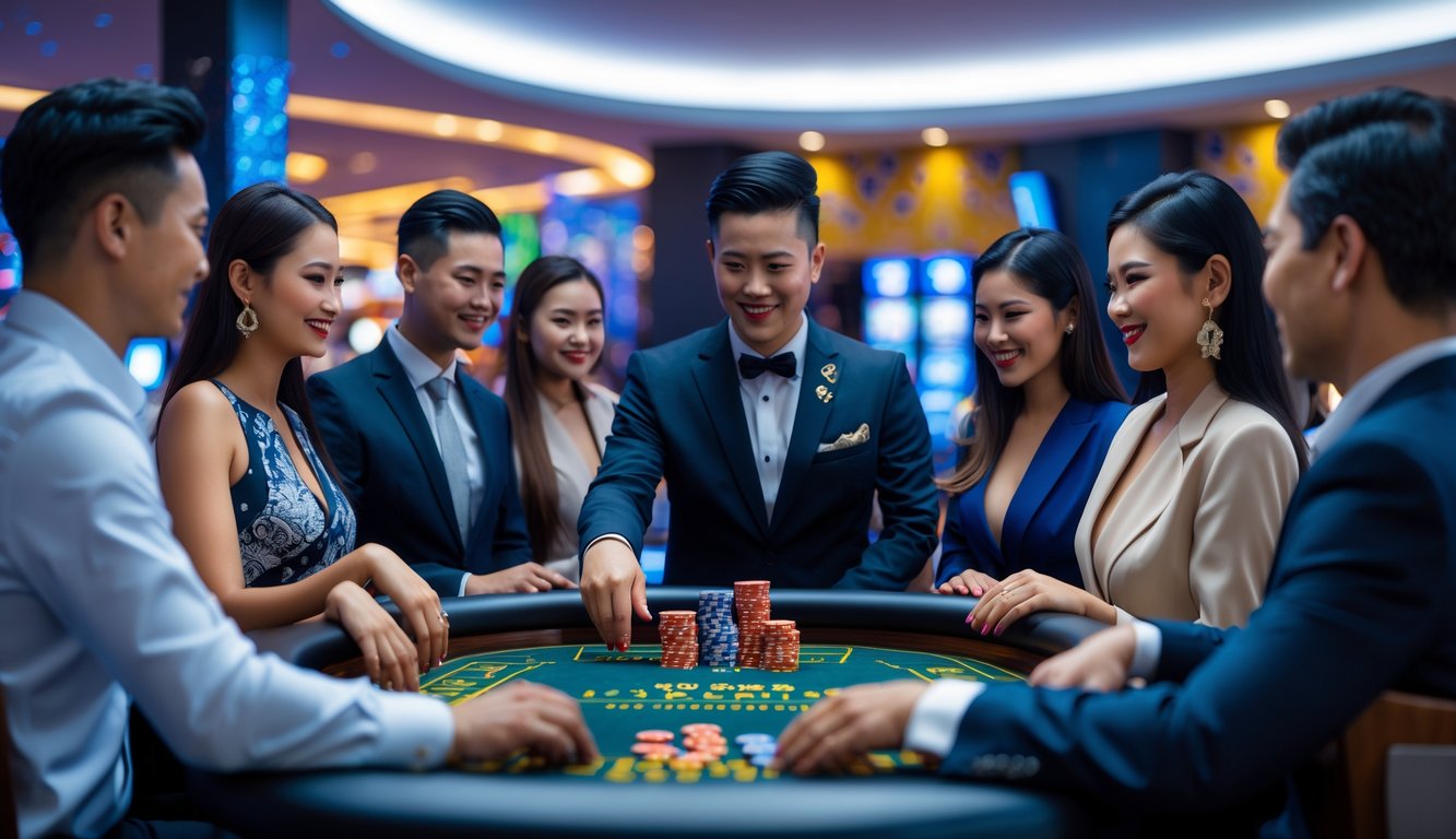 Sekelompok pemain sedang bermain di meja kasino langsung dengan dealer profesional di lingkungan kasino modern yang menampilkan elemen budaya Indonesia.