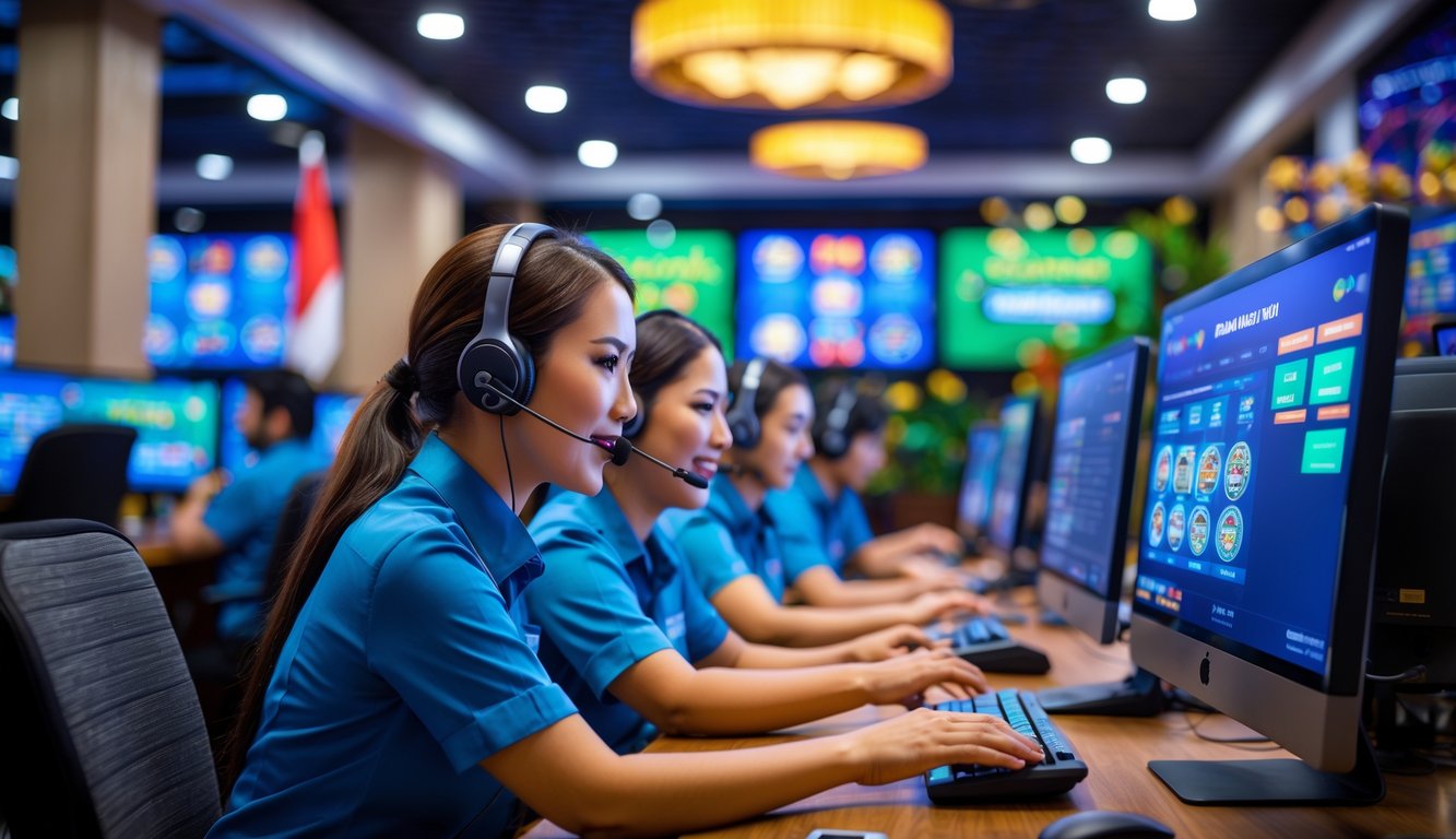 Tim layanan pelanggan kasino online sedang bekerja di pusat layanan dengan komputer dan headset.