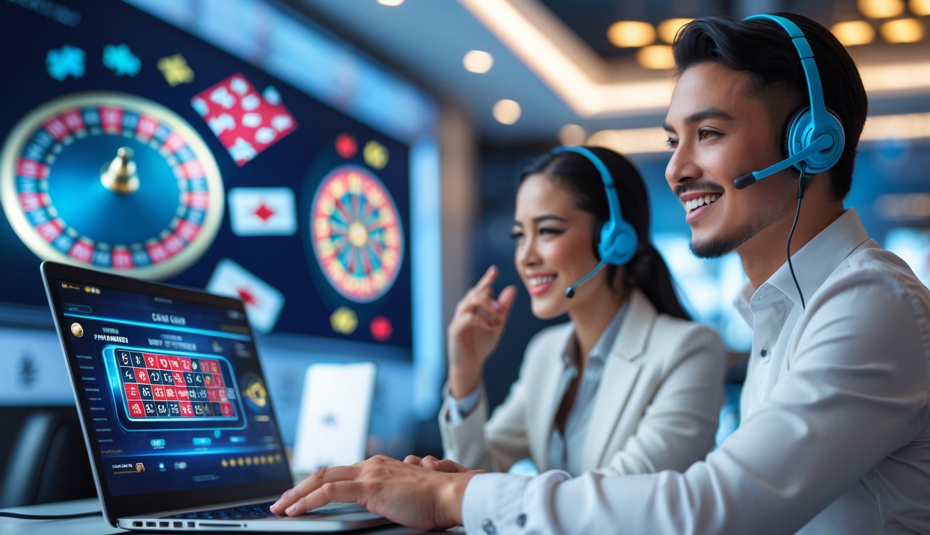 Seorang perwakilan layanan pelanggan tersenyum dengan headset di depan komputer dalam suasana kantor modern dengan elemen kasino langsung digital di latar belakang.
