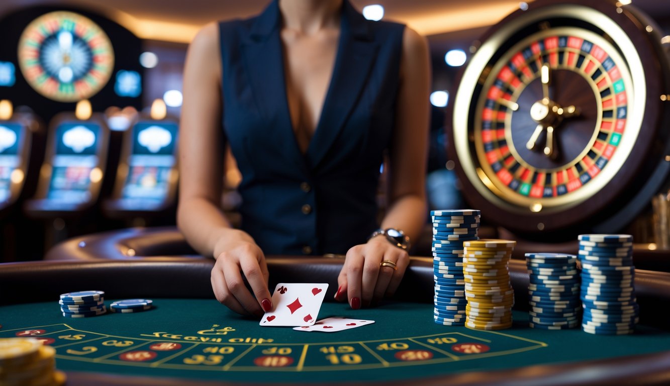 Seorang dealer wanita di meja kasino dengan kartu baccarat dan roda roulette di latar belakang dalam suasana kasino online yang elegan.