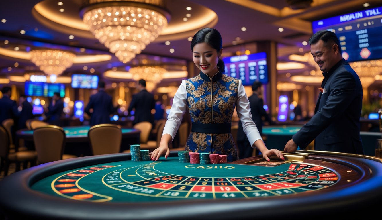 Seorang dealer kasino profesional sedang mengelola meja baccarat dan roda roulette dengan pemain yang fokus di sebuah kasino live di Indonesia.