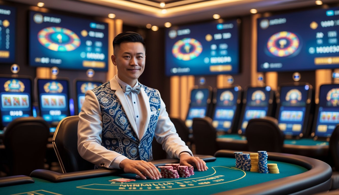 Seorang dealer di meja kasino modern dengan kartu dan chip, dikelilingi layar digital yang menampilkan permainan kasino di latar belakang.