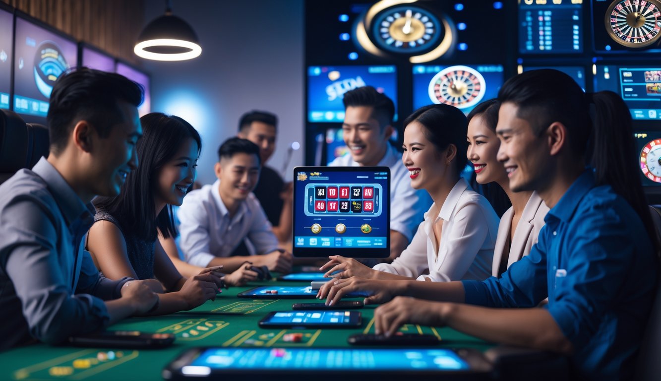 Sekelompok orang Asia bermain permainan kasino langsung secara online dengan perangkat komputer dan ponsel di ruangan modern yang terang dan nyaman.