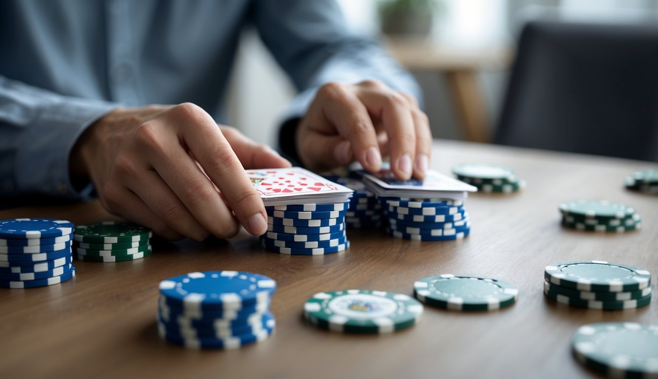 Tangan seseorang sedang mengatur kartu Capsa Susun di atas meja kayu dengan tumpukan chip poker di dekatnya.