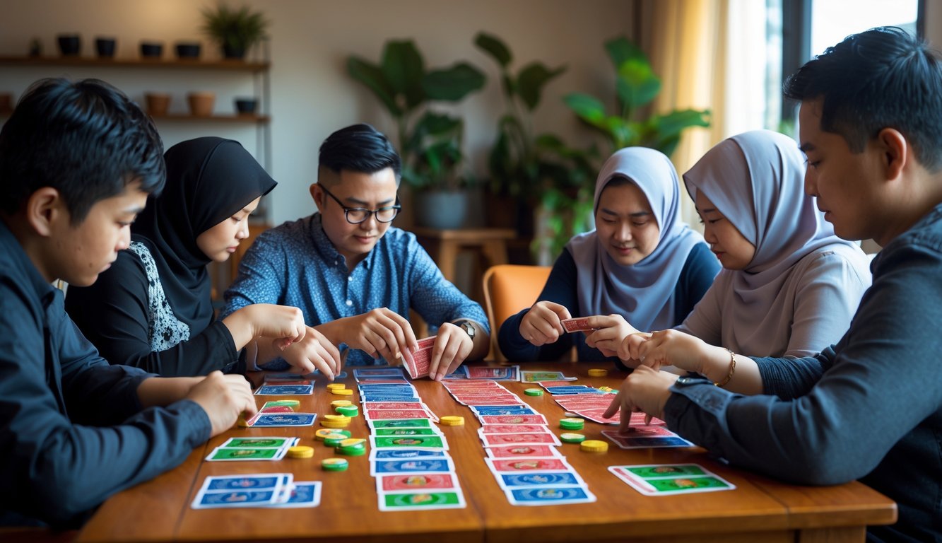 Sekelompok orang bermain Capsa Susun di meja kayu dengan ekspresi fokus dan kartu tersebar di atas meja.