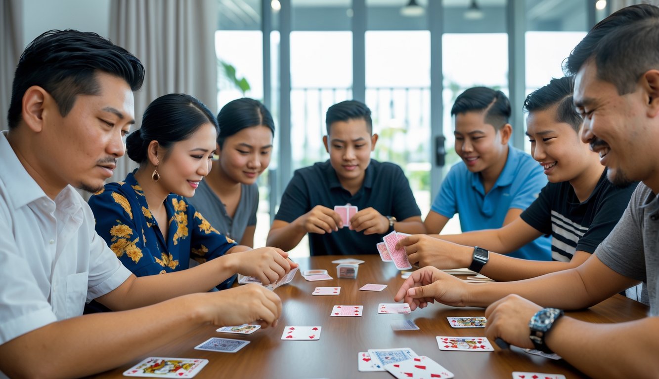 Sekelompok orang sedang bermain Capsa Susun di meja dengan ekspresi fokus dan serius.