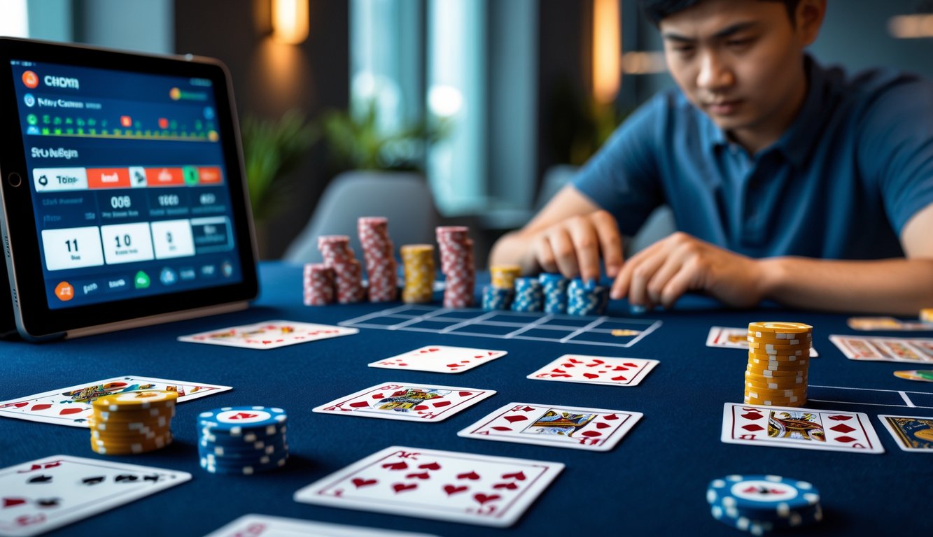Seorang pemain fokus menganalisis kartu Capsa Susun di meja permainan yang rapi dengan kartu dan chip poker.