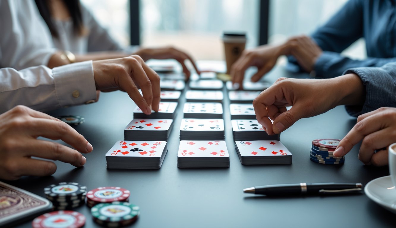Tangan-tangan pemain yang sedang menyusun kartu Capsa Susun di atas meja dengan suasana fokus dan strategis.