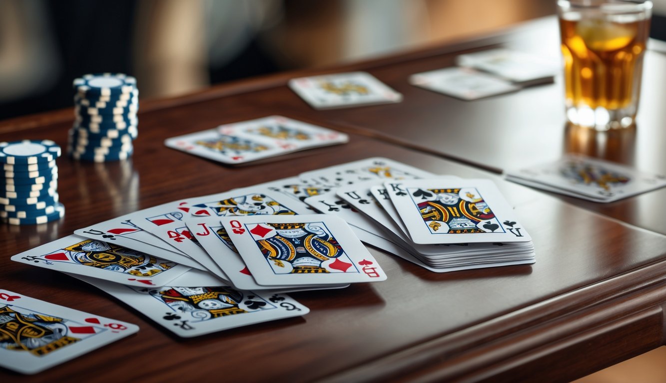 Tampilan dekat kartu remi yang tersusun rapi di atas meja kayu dengan tumpukan chip poker dan segelas minuman di latar belakang.