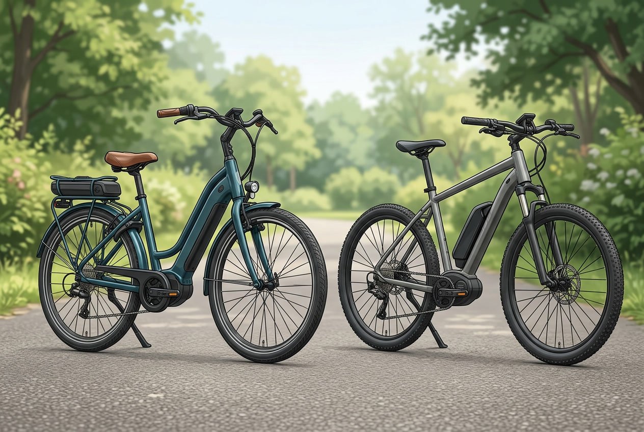 Two electric bicycles side by side outdoors, one with a low step-thru frame and the other with a traditional step-over frame, showing their structural differences.
