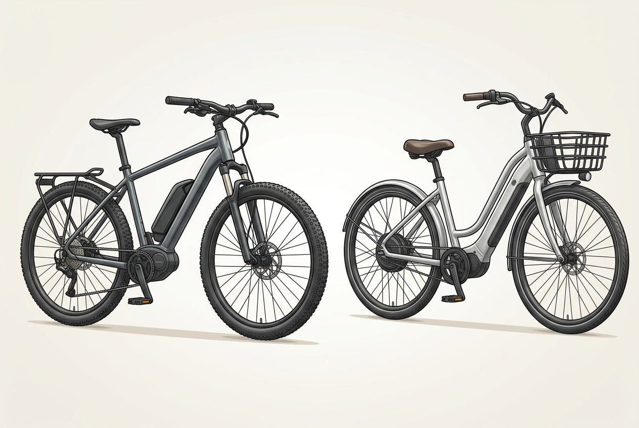 Two electric bicycles side by side, one with a high top tube frame and one with a low or absent top tube, shown from a side angle to highlight their frame differences.