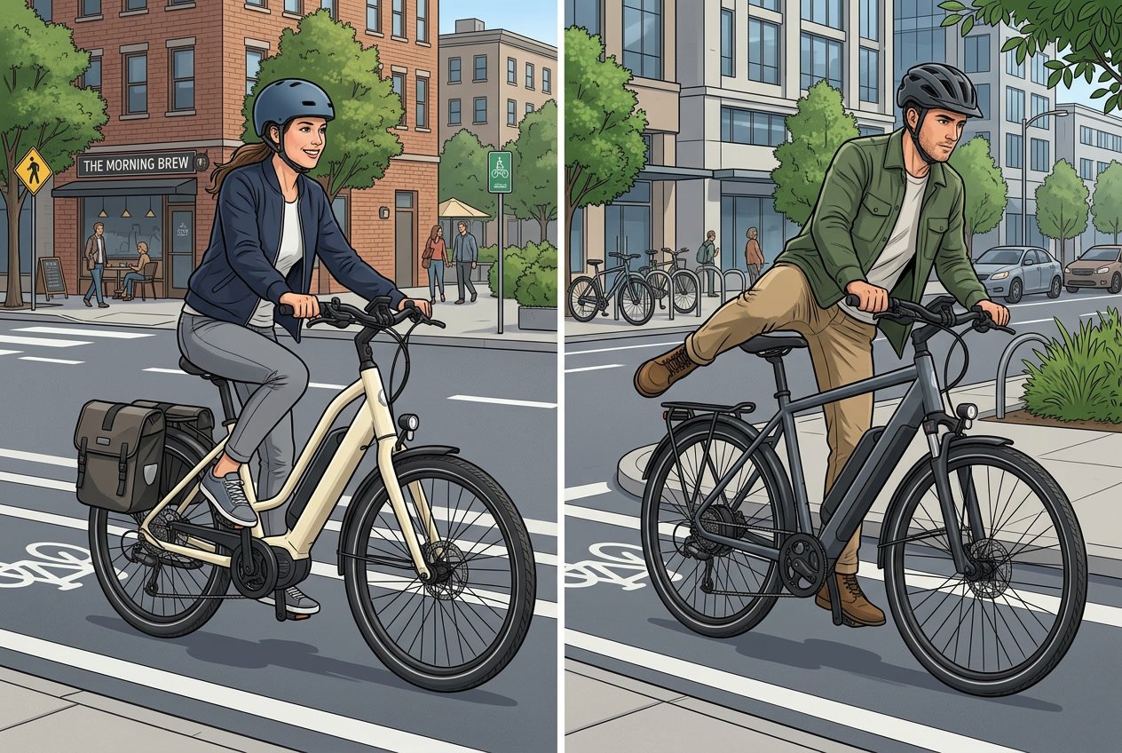 Two people riding electric bikes side by side on a city street, one on a low-step frame bike and the other on a traditional high-frame bike.