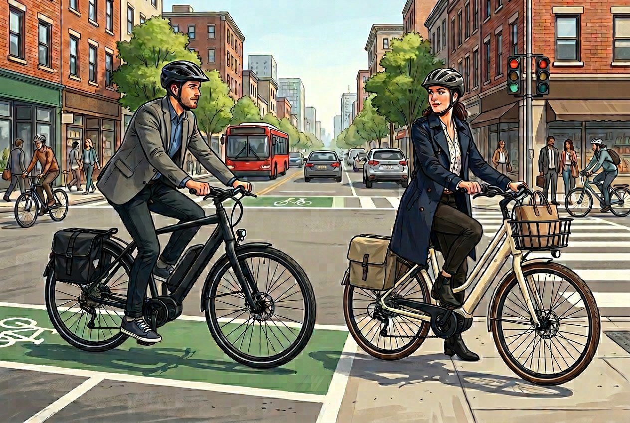 Two commuters riding step-over and step-thru electric bikes side by side on a city street with bike lanes and pedestrians.