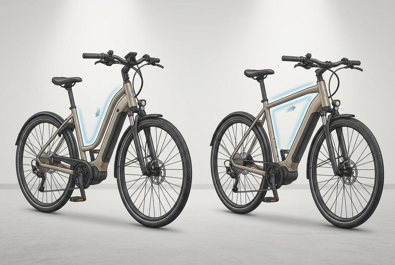 Two electric bicycles side by side showing the difference between a low-step frame and a high-step frame.