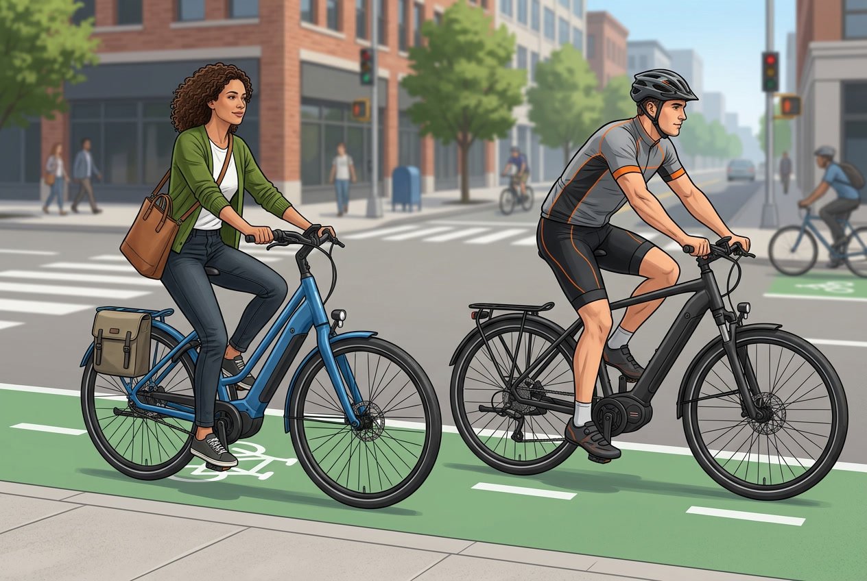 Two people riding different types of e-bikes on a city street, one with a low frame and one with a higher frame, surrounded by urban elements like bike lanes and pedestrians.