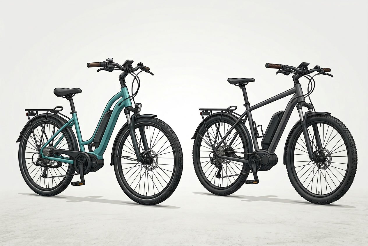 Two electric bicycles side by side, one with a low curved frame and one with a high top tube, shown from the side to highlight their frame differences.