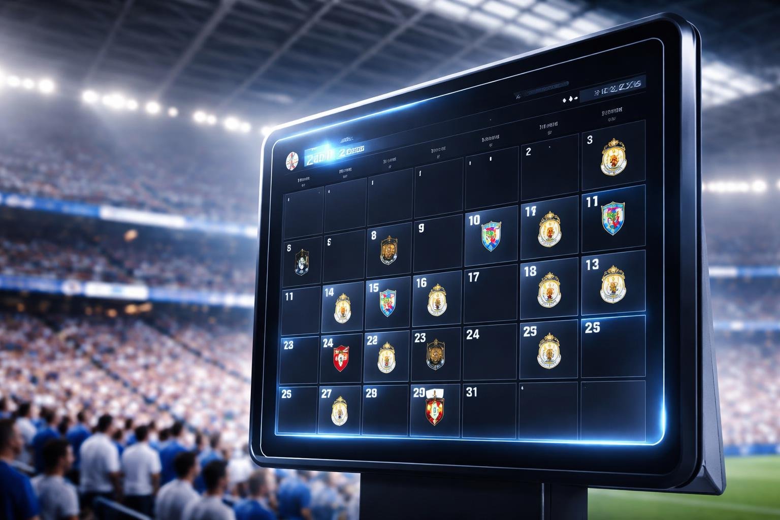 Papan jadwal digital pertandingan Real Madrid di stadion dengan latar belakang penonton dan suasana pertandingan.