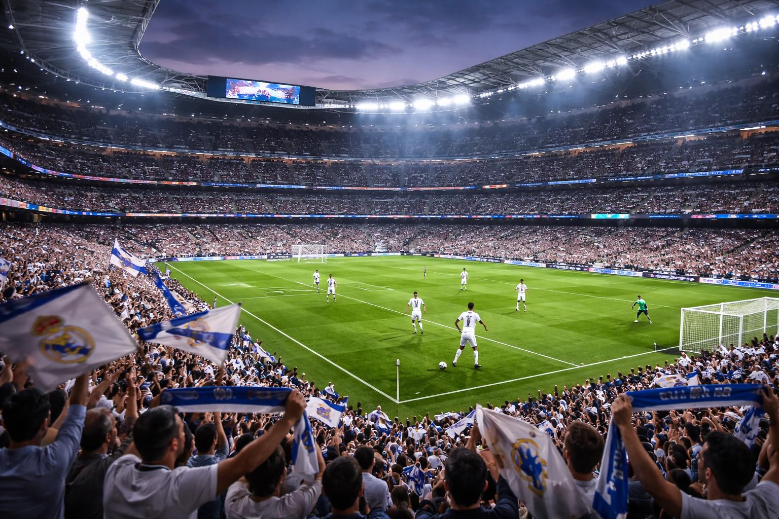 Suasana pertandingan sepak bola penting Real Madrid di stadion penuh dengan pemain dan penonton yang antusias.