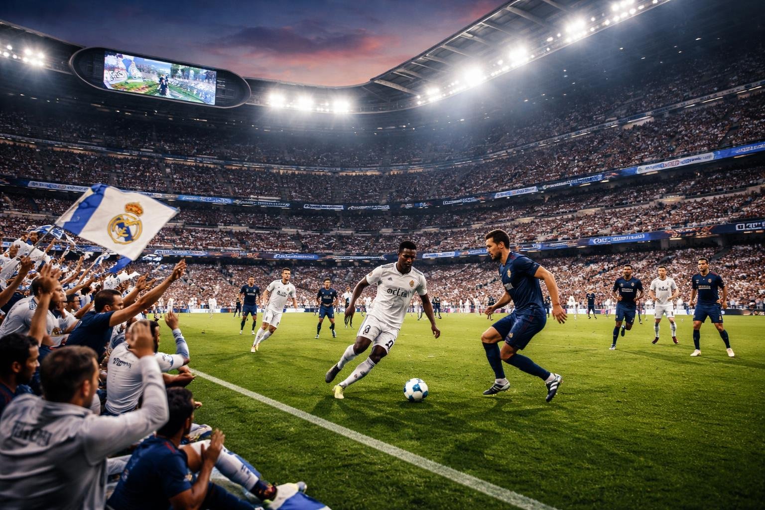 Suasana pertandingan sepak bola besar dengan pemain Real Madrid dan rivalnya di stadion penuh penonton yang antusias.