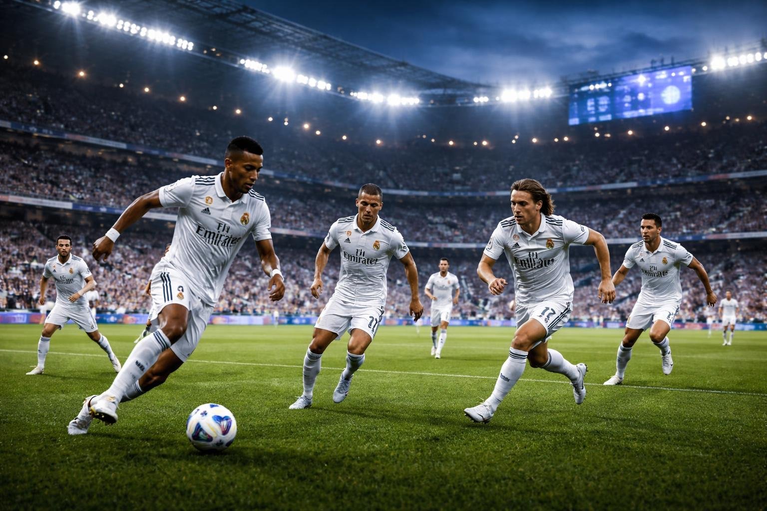 Para pemain Real Madrid sedang bermain di stadion penuh penonton pada pertandingan malam dengan suasana kompetitif dan energik.