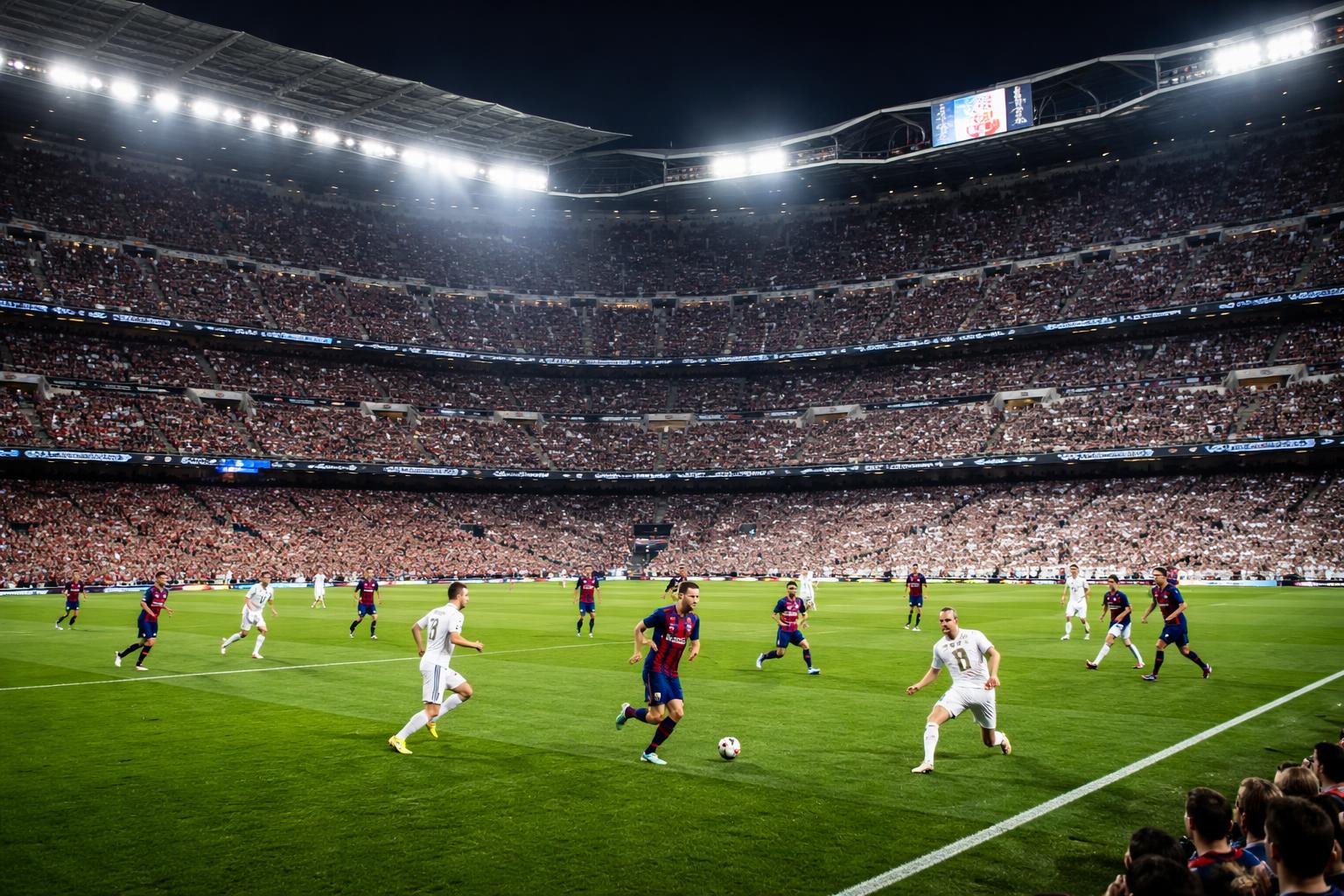 Suasana pertandingan sepak bola antara Barcelona dan Real Madrid di stadion Bernabeu dengan pemain yang sedang bermain dan penonton yang antusias.