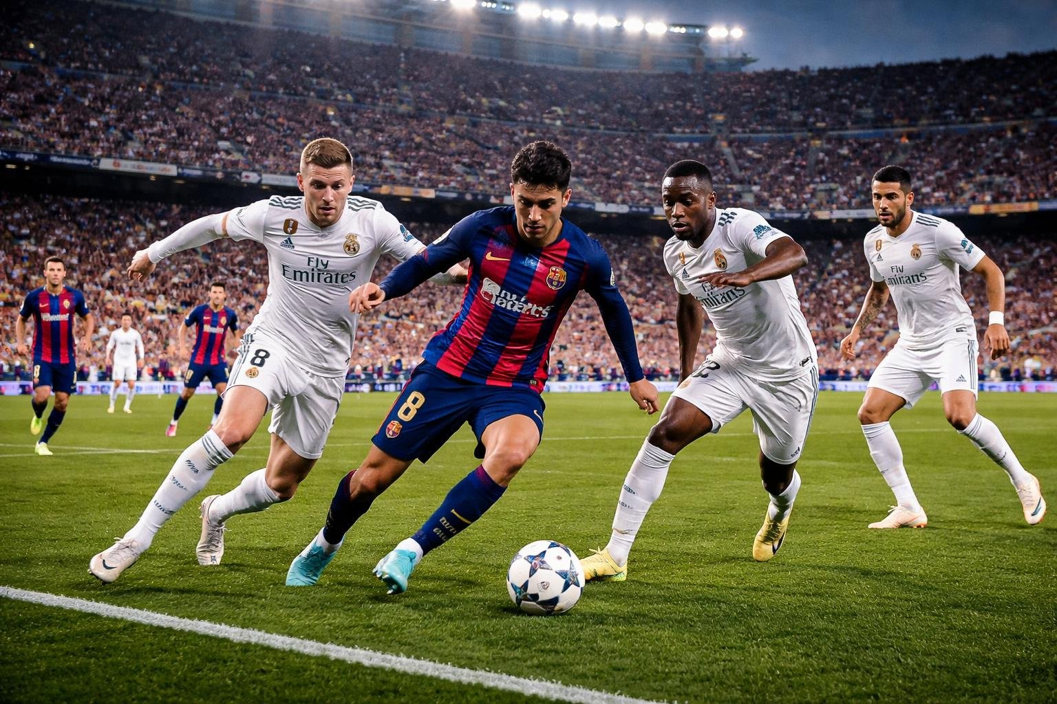 Suasana pertandingan sepak bola antara Barcelona dan Real Madrid dengan pemain yang sedang beraksi di lapangan dan penonton yang penuh semangat di stadion.