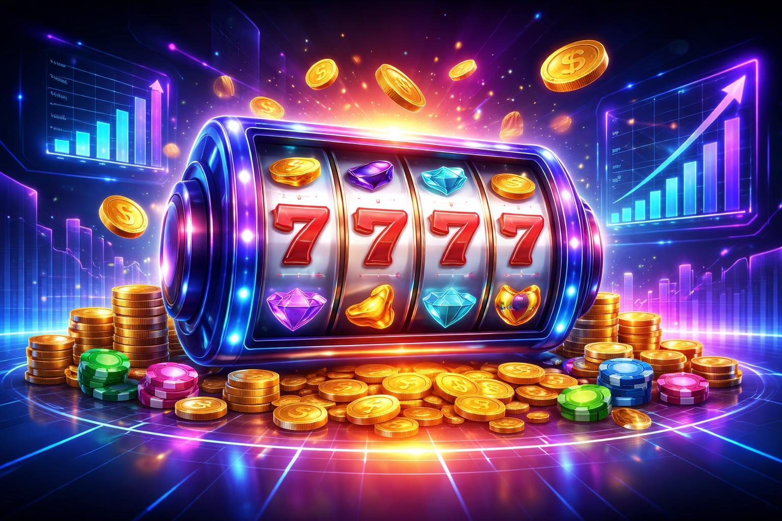 Tampilan mesin slot online dengan gulungan berwarna-warni, simbol keberuntungan, dan grafik yang menunjukkan peluang menang.