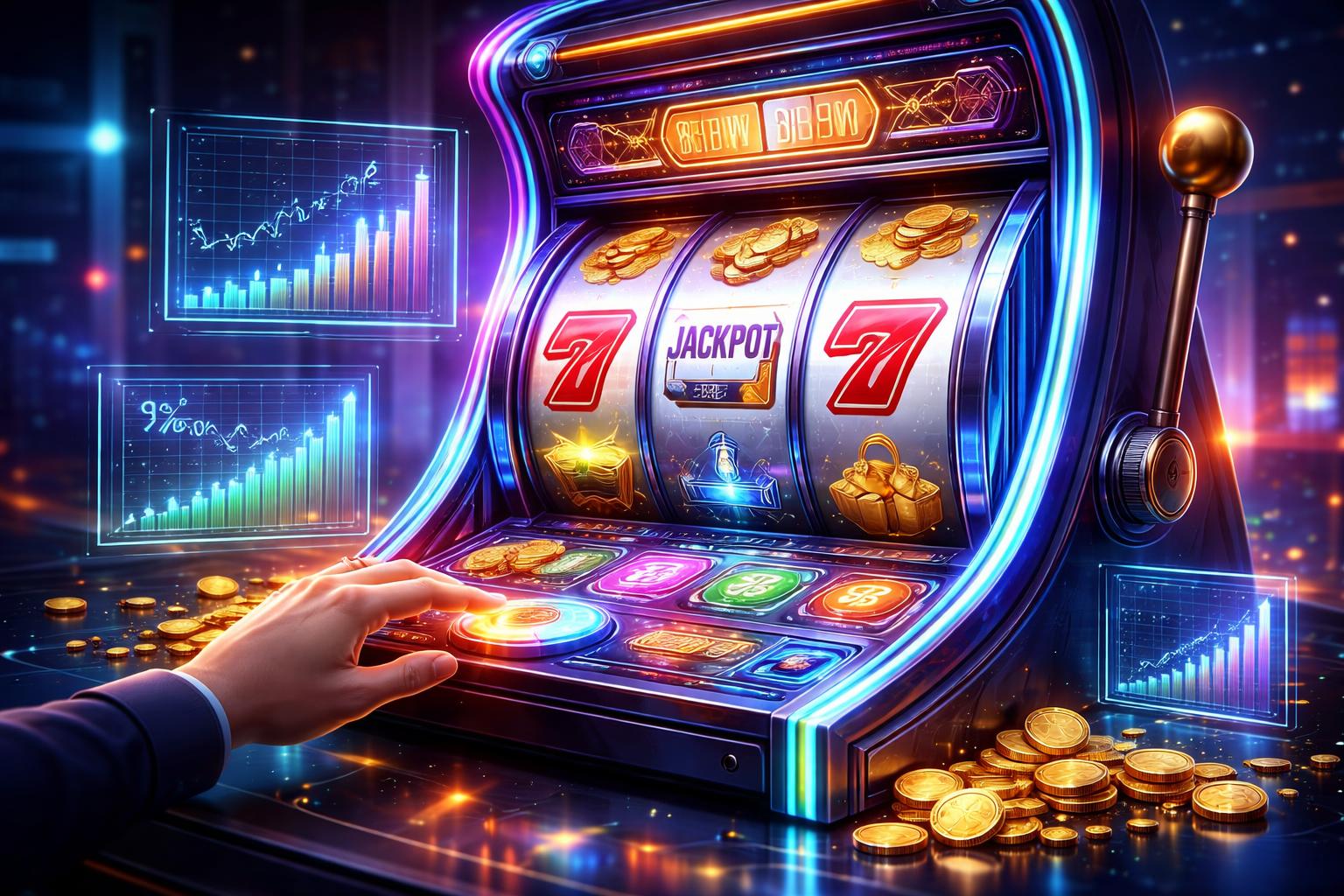 Sebuah mesin slot digital dengan gulungan berwarna cerah dan grafik holografik yang menunjukkan persentase RTP tinggi dalam suasana kasino modern.