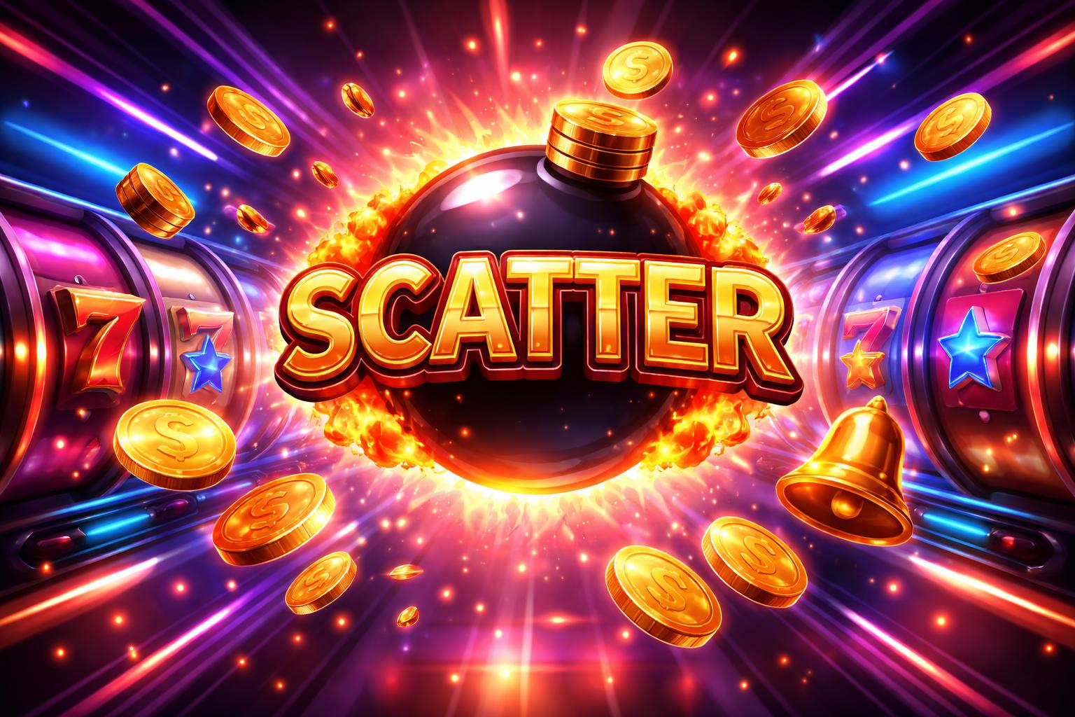 Adegan permainan online dengan simbol hitam scatter di tengah, dikelilingi ikon jackpot dan koin berkilau dalam lingkungan digital futuristik.