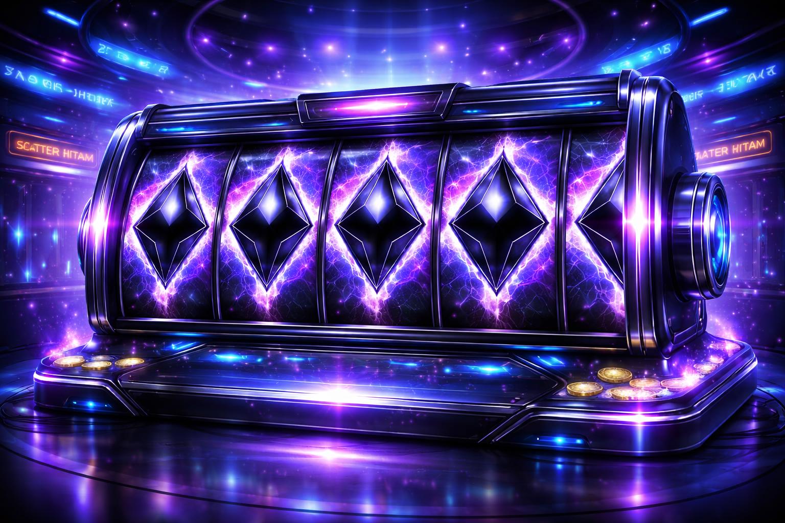 Mesin slot digital dengan simbol scatter hitam yang bersinar di tengah suasana kasino futuristik.