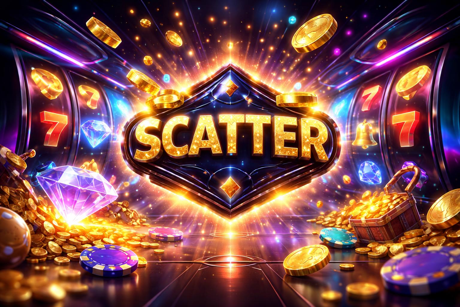 Adegan permainan online dengan simbol scatter hitam di tengah mesin slot futuristik dan ikon jackpot yang berkilau di sekitarnya.