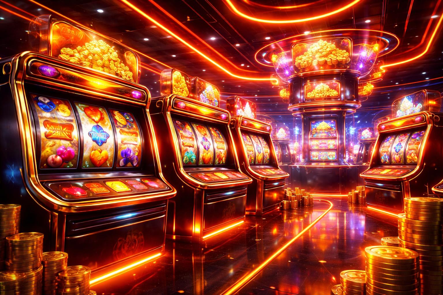 Sebuah pusat permainan slot online dengan mesin slot berwarna-warni dan lampu neon yang menyala, menampilkan suasana kasino yang modern dan ramai.