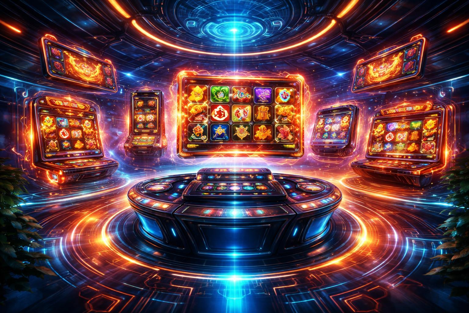 Pemandangan pusat permainan slot online dengan mesin slot digital yang berwarna-warni dan suasana kasino futuristik yang hidup.