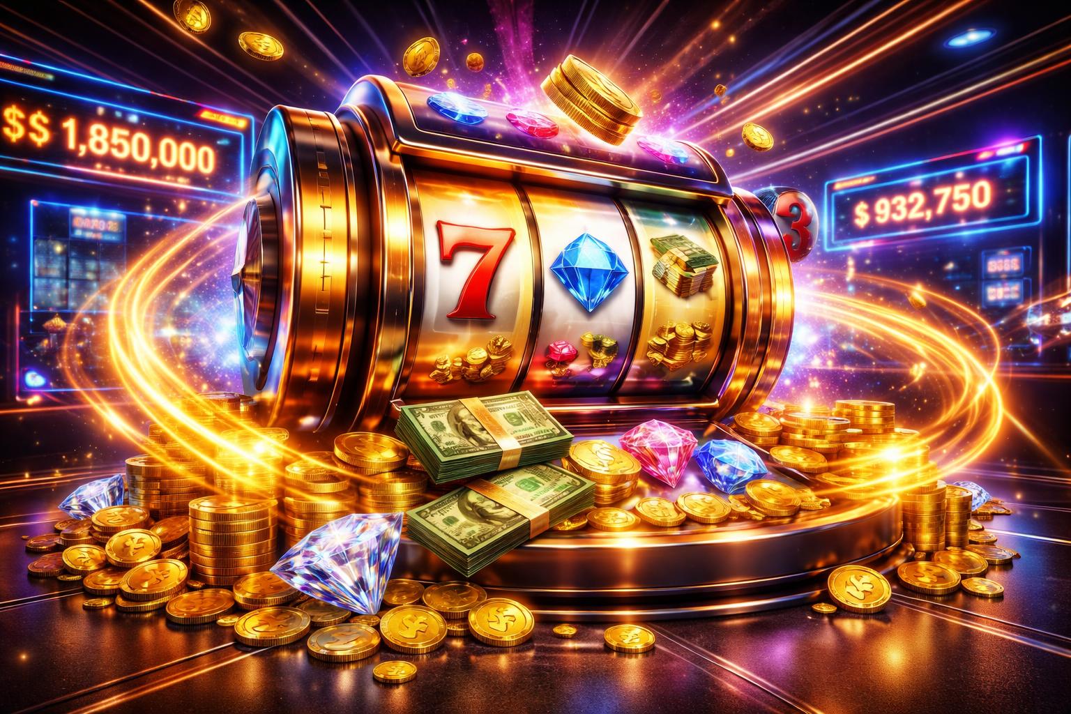 Lingkungan mesin slot digital yang mewah dengan koin emas, permata berkilau, dan tumpukan uang, menunjukkan suasana kemenangan dan kekayaan cepat.