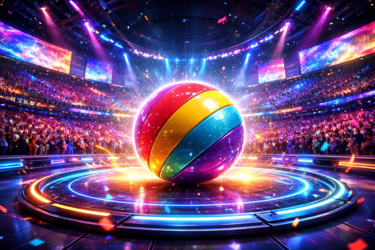 Arena permainan live yang ramai dengan bola besar berwarna-warni di tengah lapangan dan penonton yang antusias.