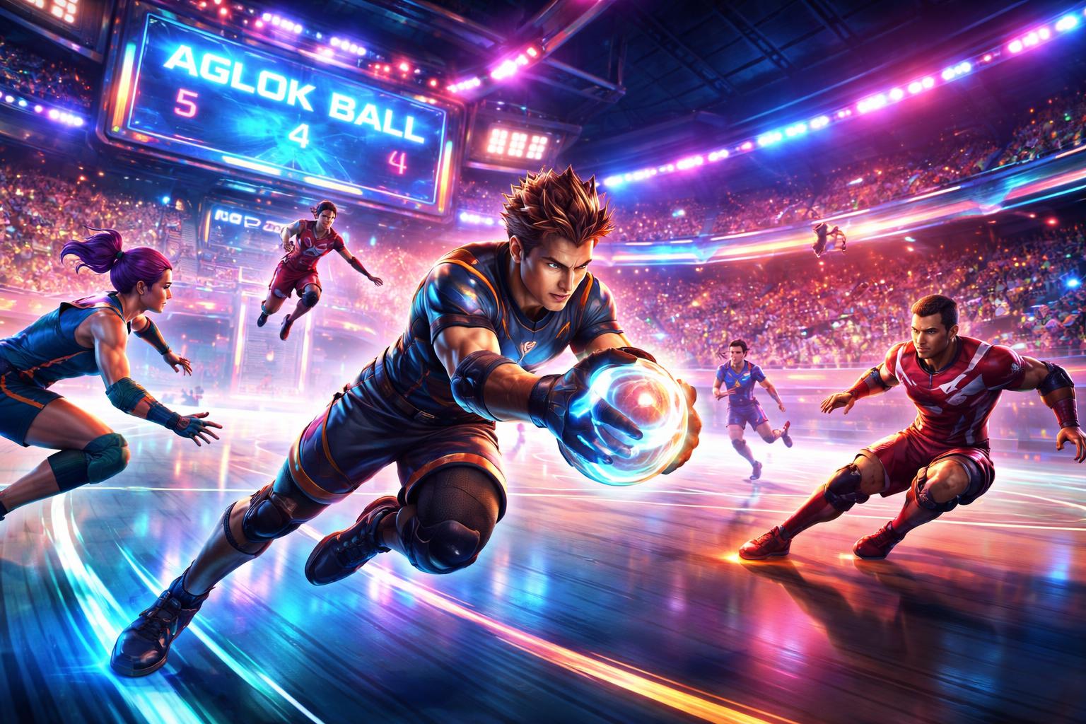 Arena olahraga futuristik dengan pemain yang sedang beraksi dalam permainan Aglok Ball di lapangan yang terang dan penuh semangat.
