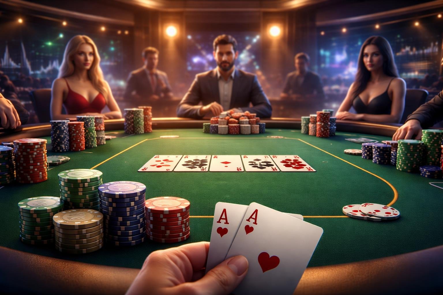Suasana permainan poker online dengan meja poker, chip, kartu, dan avatar pemain di kasino modern.