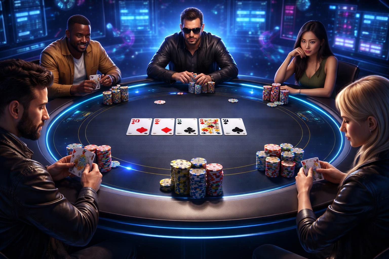 Adegan permainan poker online dengan meja poker digital, kartu, chip, dan avatar pemain yang fokus bermain.